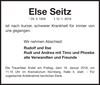 Traueranzeige von Else Seitz von Gesamtausgabe Nürnberger Nachrichten/ Nürnberger Ztg.