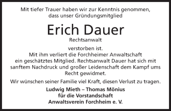 Traueranzeige von Erich Dauer von Nordbayerische Nachrichten Forchheim Lokal