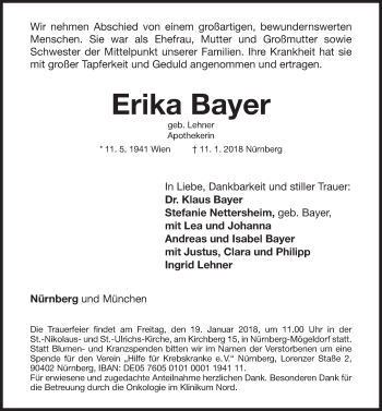 Traueranzeige von Erika Bayer von Gesamtausgabe Nürnberger Nachrichten/ Nürnberger Ztg.