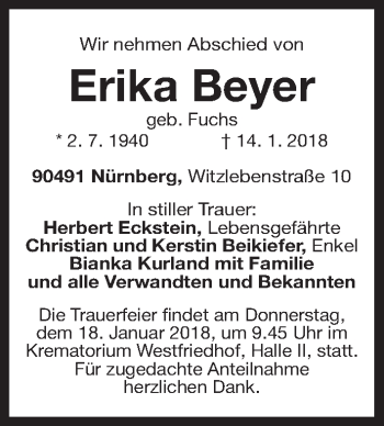 Traueranzeige von Erika Beyer von Gesamtausgabe Nürnberger Nachrichten/ Nürnberger Ztg.