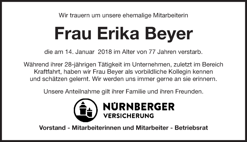  Traueranzeige für Erika Beyer vom 27.01.2018 aus Gesamtausgabe Nürnberger Nachrichten/ Nürnberger Ztg.