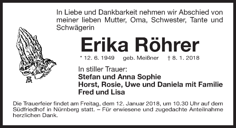  Traueranzeige für Erika Röhrer vom 10.01.2018 aus Gesamtausgabe Nürnberger Nachrichten/ Nürnberger Ztg.