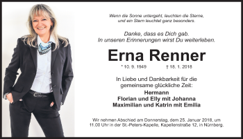 Traueranzeige von Erna Renner von Gesamtausgabe Nürnberger Nachrichten/ Nürnberger Ztg.