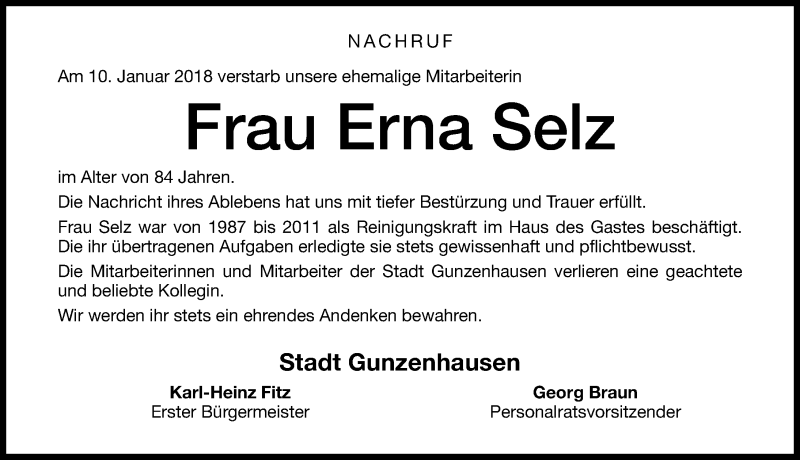  Traueranzeige für Erni Selz vom 17.01.2018 aus Altmühl-Bote Lokal