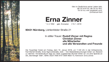 Traueranzeige von Erna Zinner von Gesamtausgabe Nürnberger Nachrichten/ Nürnberger Ztg.
