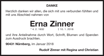 Traueranzeige von Erna Zinner von Gesamtausgabe Nürnberger Nachrichten/ Nürnberger Ztg.