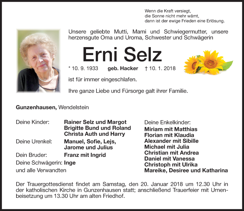  Traueranzeige für Erni Selz vom 17.01.2018 aus Altmühl-Bote Lokal