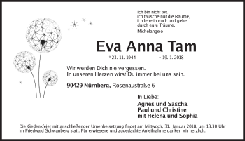 Traueranzeige von Eva Anna Tam von Gesamtausgabe Nürnberger Nachrichten/ Nürnberger Ztg.