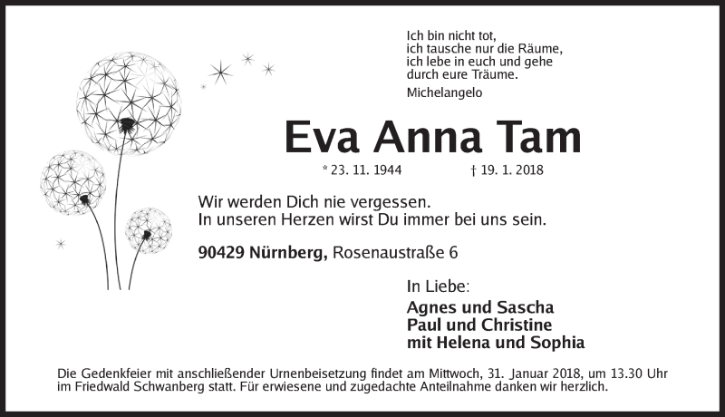  Traueranzeige für Eva Anna Tam vom 27.01.2018 aus Gesamtausgabe Nürnberger Nachrichten/ Nürnberger Ztg.