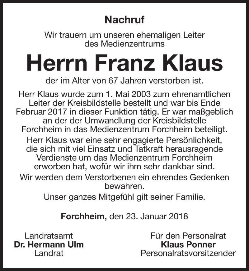  Traueranzeige für Franz Klaus vom 24.01.2018 aus Nordbayerische Nachrichten Forchheim Lokal