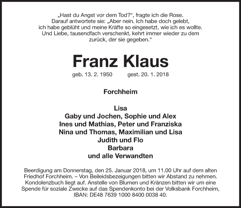 Traueranzeige für Franz Klaus vom 23.01.2018 aus Nordbayerische Nachrichten Forchheim Lokal