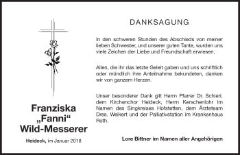 Traueranzeige von Franziska Fanni Wild-Messerer von Roth-Hilpoltsteiner Volkszeitung Lokal