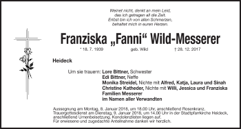 Traueranzeige von Franziska Fanni Wild-Messerer von Roth-Hilpoltsteiner Volkszeitung Lokal