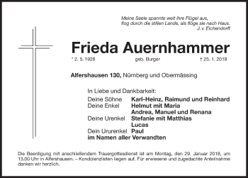 Traueranzeige von Frieda Auernhammer von Roth-Hilpoltsteiner Volkszeitung Lokal