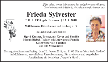 Traueranzeige von Frieda Sylvester von Neumarkter Nachrichten Lokal