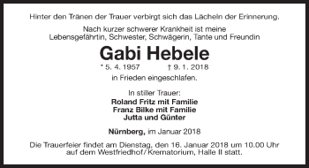 Traueranzeige von Gabi Hebele von Gesamtausgabe Nürnberger Nachrichten/ Nürnberger Ztg.