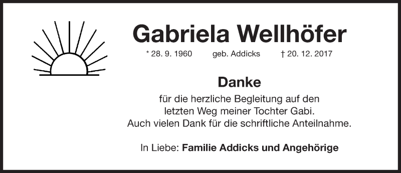  Traueranzeige für Gabriela Wellhöfer vom 05.01.2018 aus Gesamtausgabe Nürnberger Nachrichten/ Nürnberger Ztg.