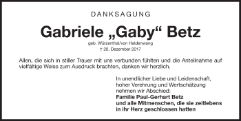 Traueranzeige von Gabriele Betz von Gesamtausgabe Nürnberger Nachrichten/ Nürnberger Ztg.