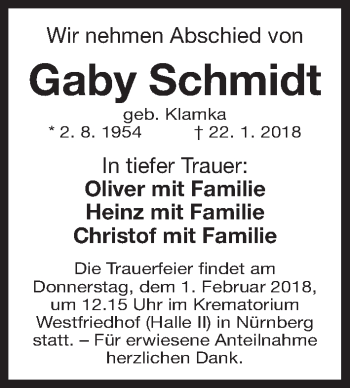 Traueranzeige von Gaby Schmidt von Gesamtausgabe Nürnberger Nachrichten/ Nürnberger Ztg.