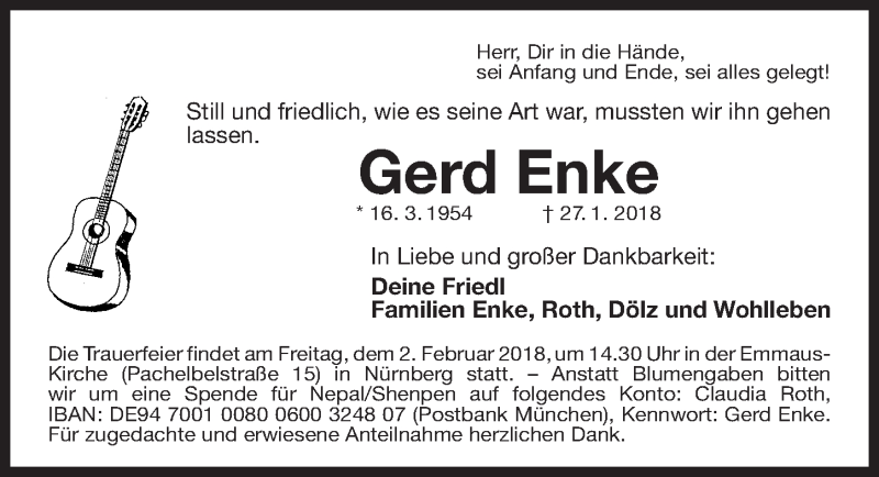  Traueranzeige für Gerd Enke vom 30.01.2018 aus Gesamtausgabe Nürnberger Nachrichten/ Nürnberger Ztg.