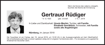 Traueranzeige von Gertraud Rüdiger von Gesamtausgabe Nürnberger Nachrichten/ Nürnberger Ztg.