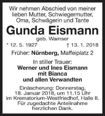Traueranzeige von Gunda Eismann von Gesamtausgabe Nürnberger Nachrichten/ Nürnberger Ztg.
