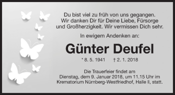 Traueranzeige von Günter Deufel von Gesamtausgabe Nürnberger Nachrichten/ Nürnberger Ztg.