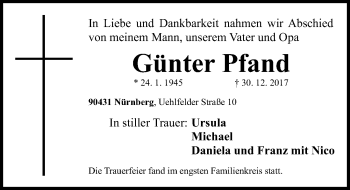 Traueranzeige von Günter Pfand von Gesamtausgabe Nürnberger Nachrichten/ Nürnberger Ztg.