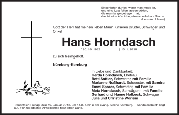 Traueranzeige von Hans Horndasch von Gesamtausgabe Nürnberger Nachrichten/ Nürnberger Ztg.