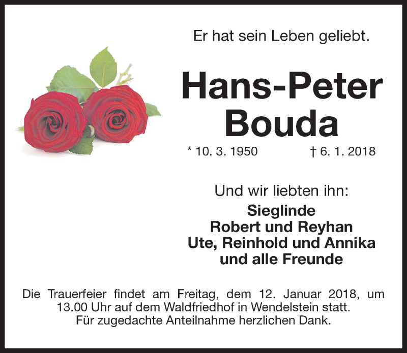  Traueranzeige für Hans-Peter Bouda vom 10.01.2018 aus Gesamtausgabe Nürnberger Nachrichten/ Nürnberger Ztg.
