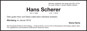 Traueranzeige von Hans Scherer von Gesamtausgabe Nürnberger Nachrichten/ Nürnberger Ztg.