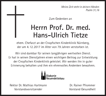Traueranzeige von Hans-Ulrich Tietze von Gesamtausgabe Nürnberger Nachrichten/ Nürnberger Ztg.