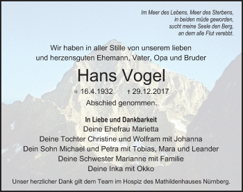 Traueranzeige von Hans Vogel von Gesamtausgabe Nürnberger Nachrichten/ Nürnberger Ztg.