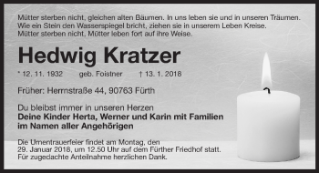 Traueranzeige von Hedwig Kratzer von Fürther Nachrichten Lokal