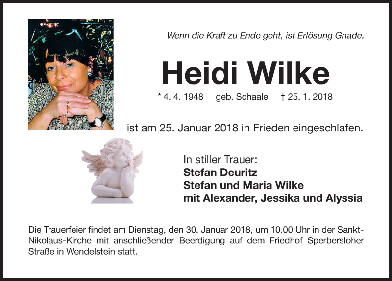  Traueranzeige für Heidi Wilke vom 27.01.2018 aus Gesamtausgabe Nürnberger Nachrichten/ Nürnberger Ztg.