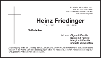 Traueranzeige von Heinz Friedinger von Roth-Hilpoltsteiner Volkszeitung Lokal