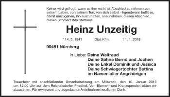 Traueranzeige von Heinz Unzeitig von Gesamtausgabe Nürnberger Nachrichten/ Nürnberger Ztg.