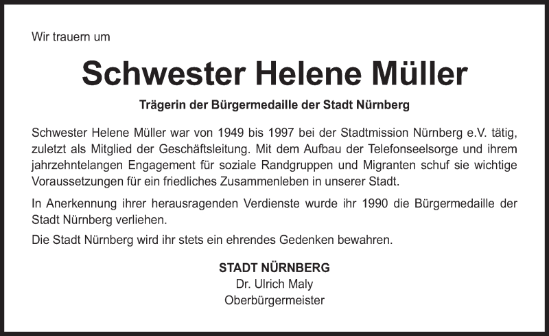  Traueranzeige für Helene Müller vom 11.01.2018 aus Gesamtausgabe Nürnberger Nachrichten/ Nürnberger Ztg.