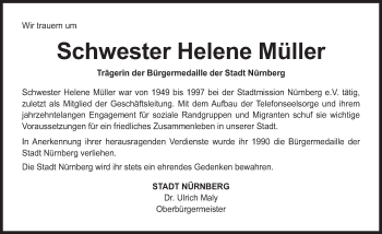 Traueranzeige von Helene Müller von Gesamtausgabe Nürnberger Nachrichten/ Nürnberger Ztg.