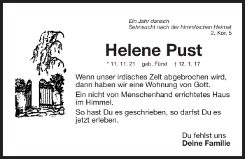 Traueranzeige von Helene Pust von Erlanger Nachrichten Lokal
