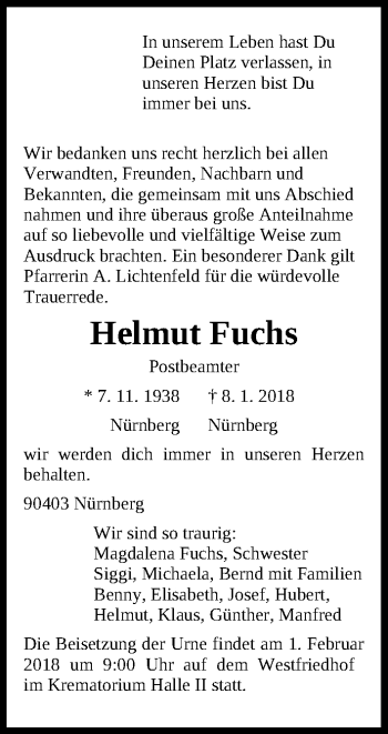 Traueranzeige von Helmut Fuchs von Gesamtausgabe Nürnberger Nachrichten/ Nürnberger Ztg.