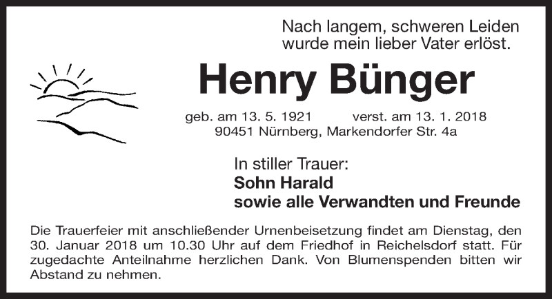  Traueranzeige für Henry Bünger vom 27.01.2018 aus Gesamtausgabe Nürnberger Nachrichten/ Nürnberger Ztg.