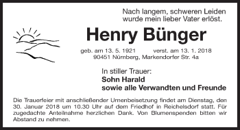 Traueranzeige von Henry Bünger von Gesamtausgabe Nürnberger Nachrichten/ Nürnberger Ztg.