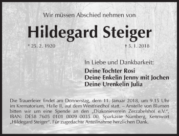Traueranzeige von Hildegard Steiger von Gesamtausgabe Nürnberger Nachrichten/ Nürnberger Ztg.