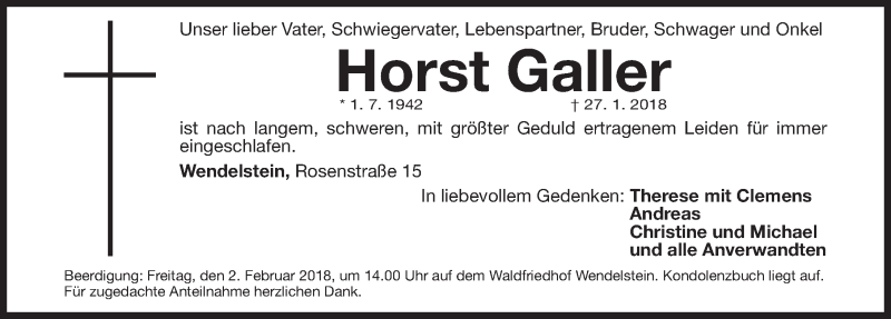  Traueranzeige für Horst Galler vom 30.01.2018 aus Gesamtausgabe Nürnberger Nachrichten/ Nürnberger Ztg.
