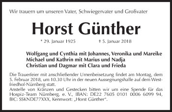 Traueranzeige von Horst Günther von Gesamtausgabe Nürnberger Nachrichten/ Nürnberger Ztg.
