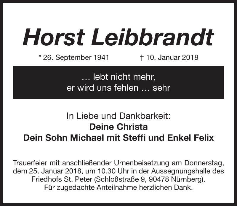  Traueranzeige für Horst Leibbrandt vom 23.01.2018 aus Gesamtausgabe Nürnberger Nachrichten/ Nürnberger Ztg.