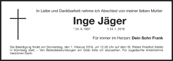 Traueranzeige von Inge Jäger von Gesamtausgabe Nürnberger Nachrichten/ Nürnberger Ztg.