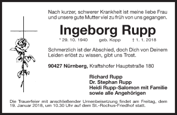 Traueranzeige von Ingeborg Rupp von Gesamtausgabe Nürnberger Nachrichten/ Nürnberger Ztg.
