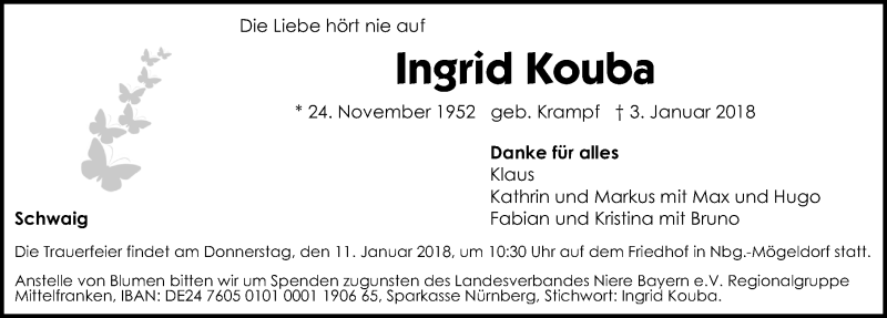  Traueranzeige für Ingrid Kouba vom 09.01.2018 aus Gesamtausgabe Nürnberger Nachrichten/ Nürnberger Ztg.